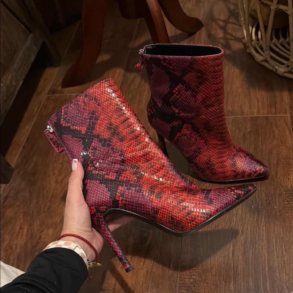 Red Snake Print Ankle Boots